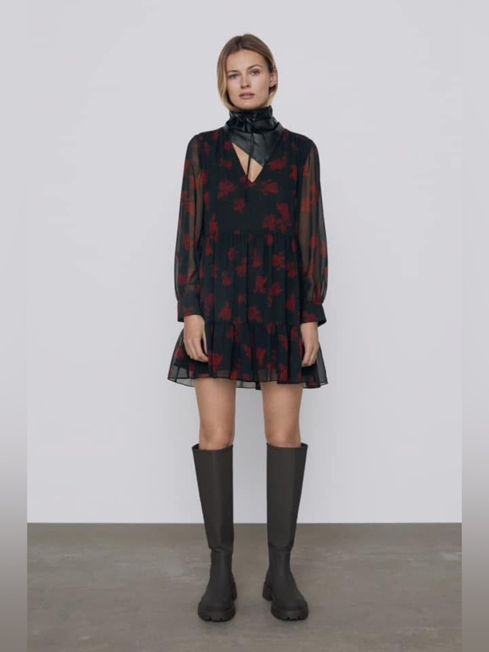 ZARA Black & Red V Neck Floral Chiffon Mini Dress XS